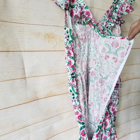 MISA x Revolve Morrison Floral Cotton Strappy Tiered Spring Fuschia Midi Dress - Picture 10 of 15